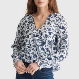 Lucky Brand Size XS Navy White Surplice Blouse Top Business Casual Preppy Chic